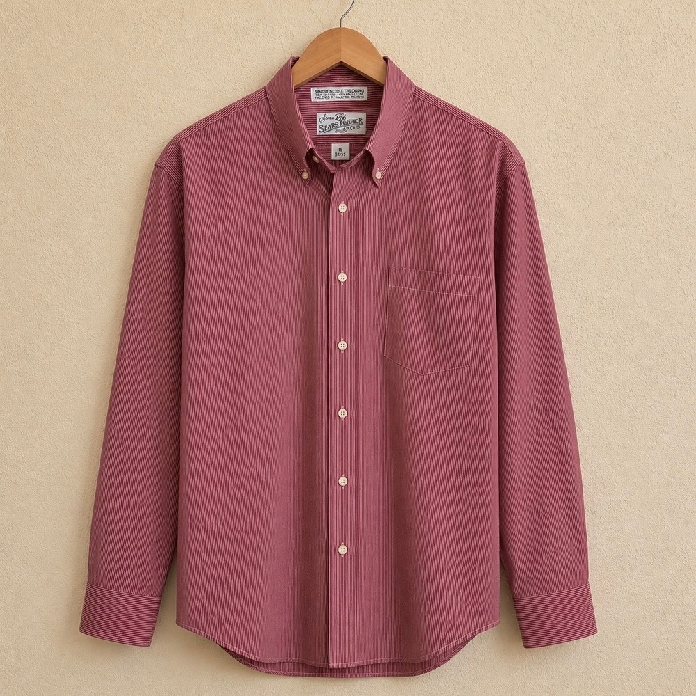 Vintage Sears Roebuck Burgundy Stripe Button Down Shirt Mens L 16 34/35 Cotton